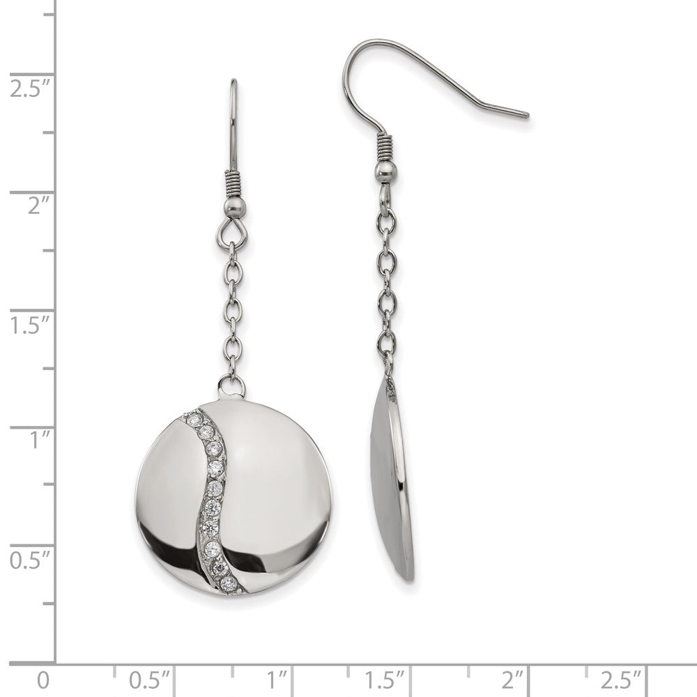 Stainless Steel Polished w/ CZ Dangle Shepherd Hook Earrings