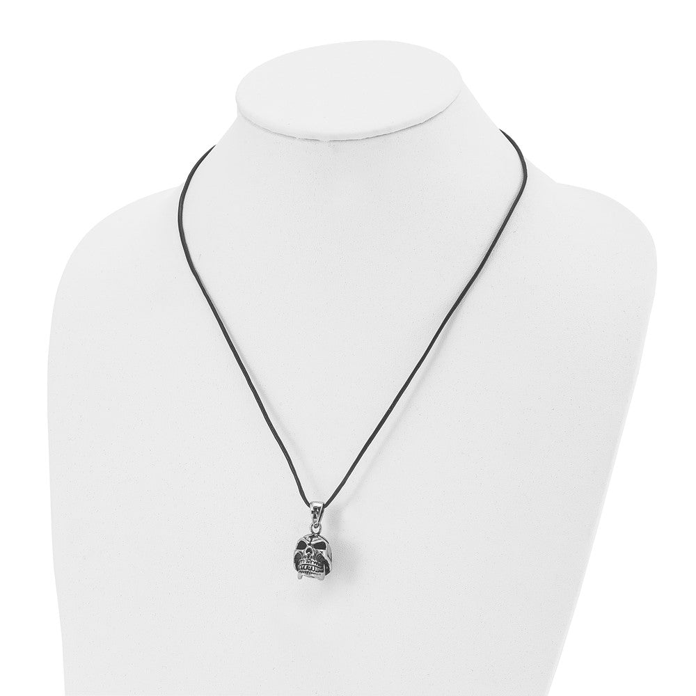 Stainless Steel Antiqued & Polished Moveable Skull Leather Cord Necklace