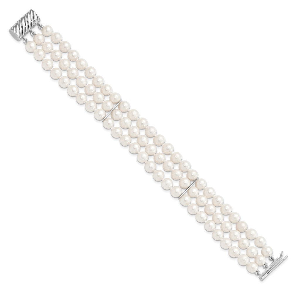 Sterling Silver Rhodium-plated 6-7mm White Near-Round Freshwater Cultured Pearl 3-Strand 7.5 inch Bracelet 7 inches