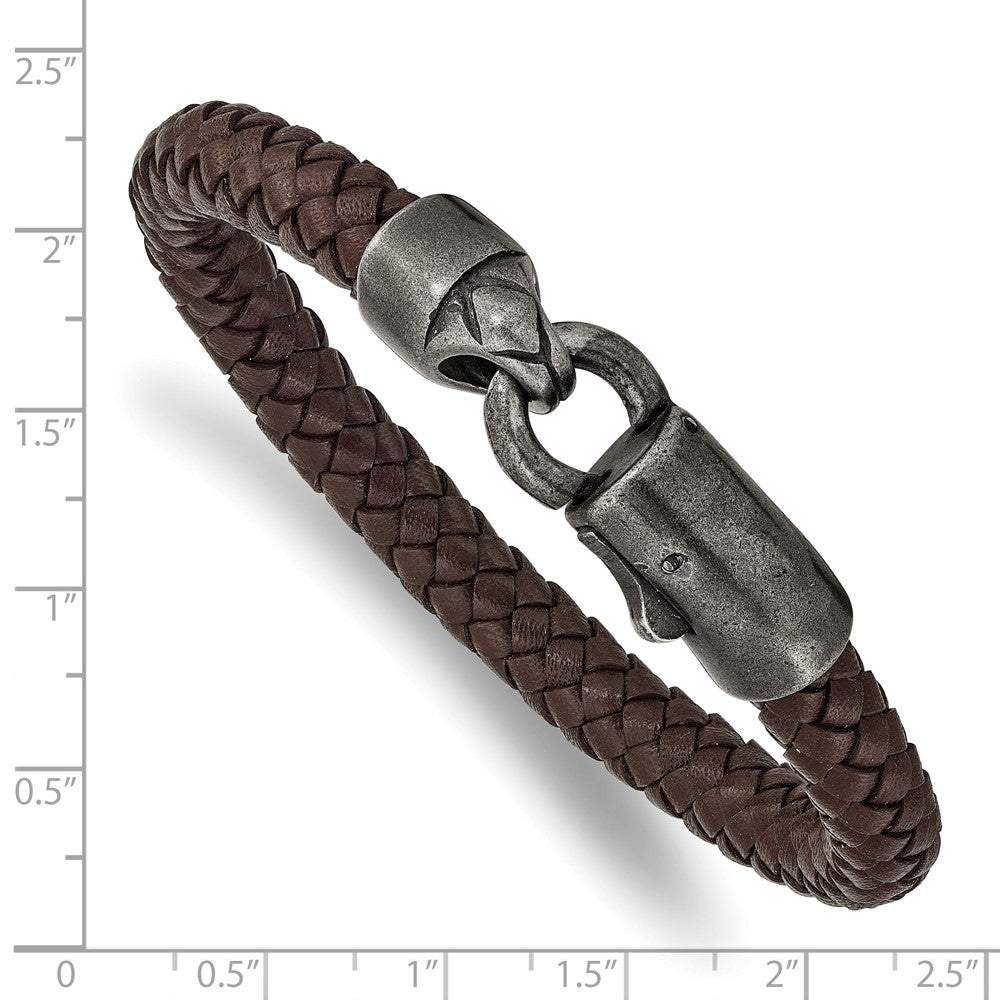 Stainless Steel Antique Grey-plated Brown Leather 8.25in Bracelet 8.25 inches