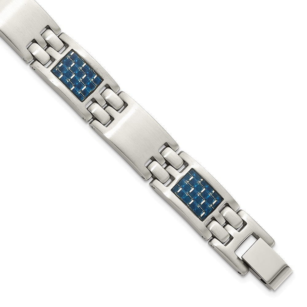 Stainless Steel Brushed with Blue Carbon Fiber Inlay 8.5in Bracelet 8.5 inches