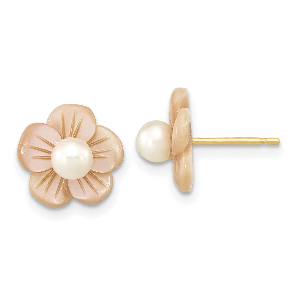 10K 3-4mm White Round Freshwater Cultured Pearl and Pink Mother of Pearl Flower Post Earrings