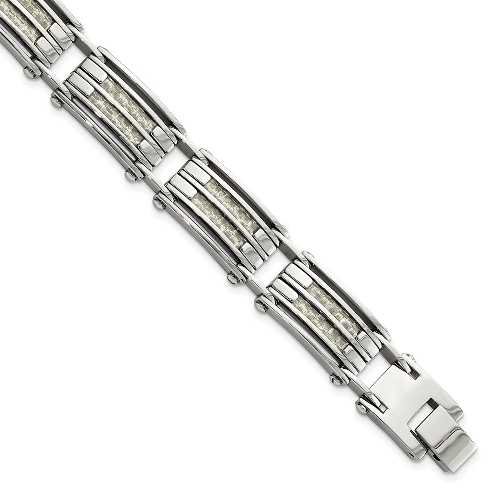 Stainless Steel Polished with Carbon Fiber Inlay 8.25in Bracelet 8.25 inches