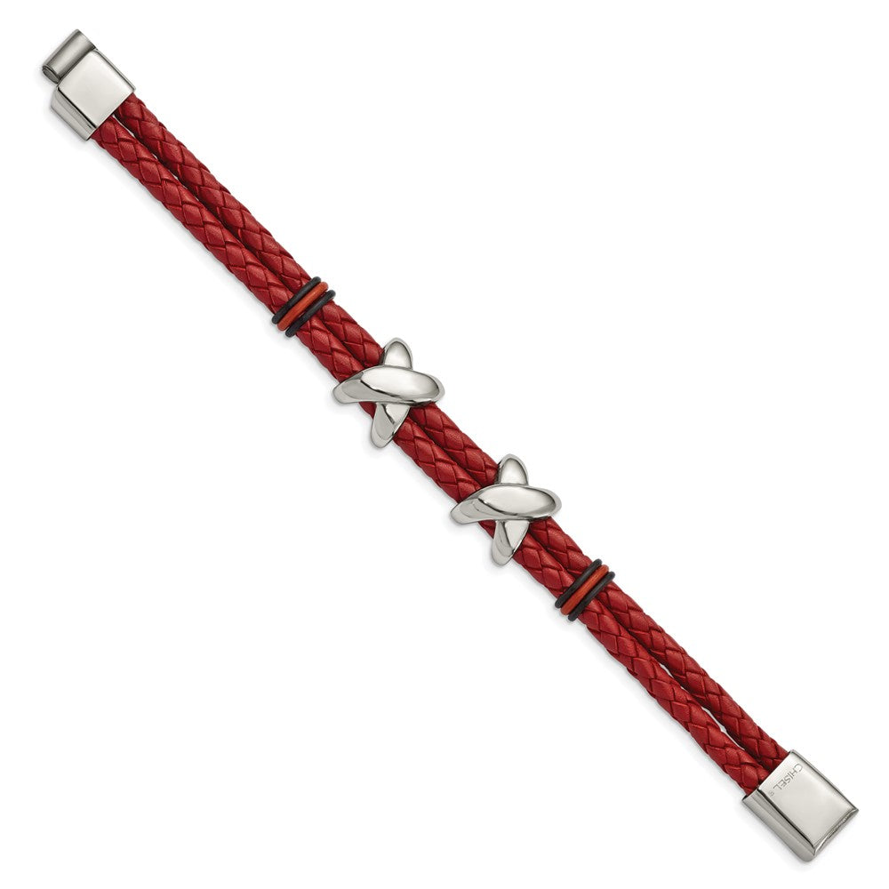 Stainless Steel Polished Red Leather and Rubber 8in Bracelet 8 inches