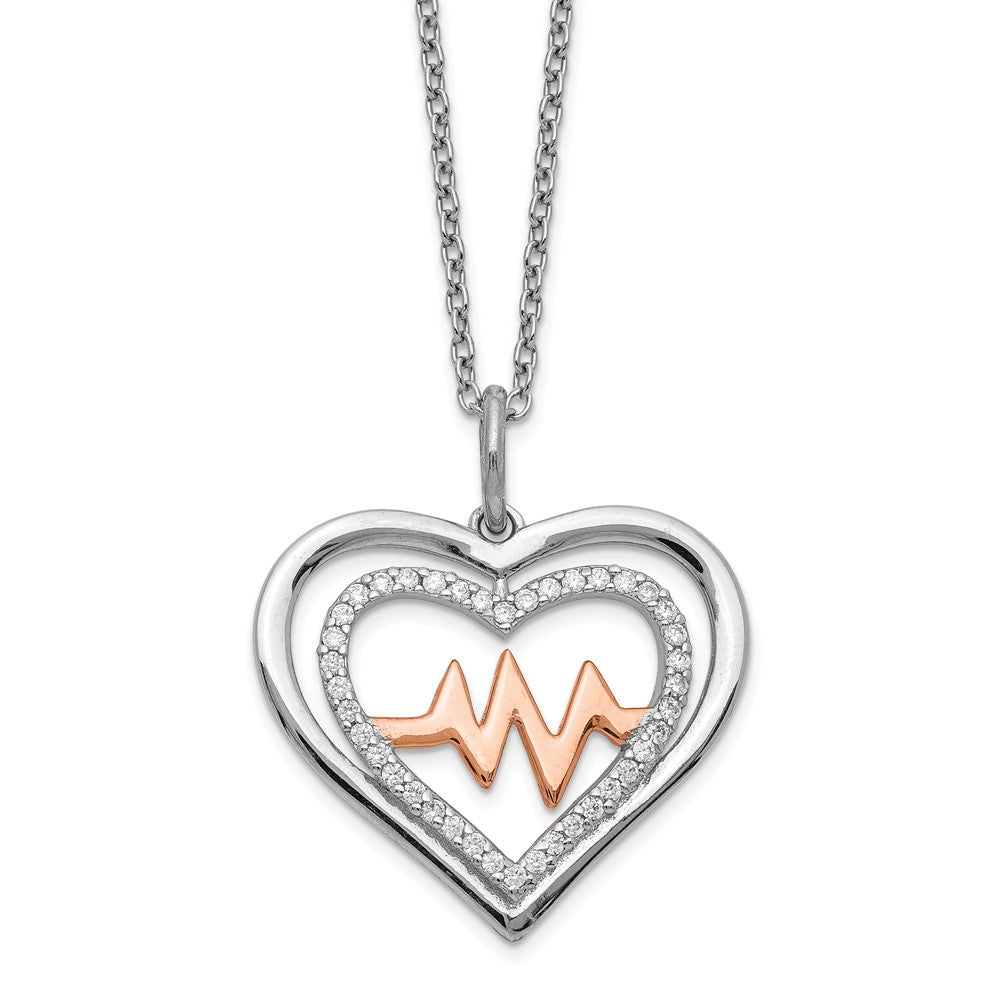 Sterling Silver RH-plated Rose-tone CZ Heartbeat w/2in ext Necklace 16 Inches