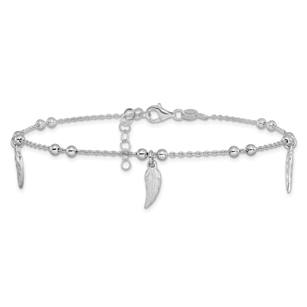 Sterling Silver RH-plated Polished Feather w/1in ext. Anklet