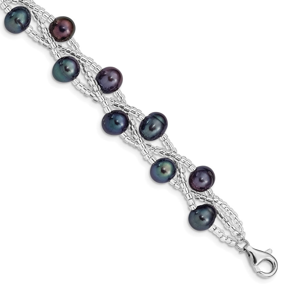 Sterling Silver Rhodium-plated 7-9mm Black Semi-Round Freshwater Cultured Pearl and Glass Beaded 7.5 inch Bracelet 7.5 inches