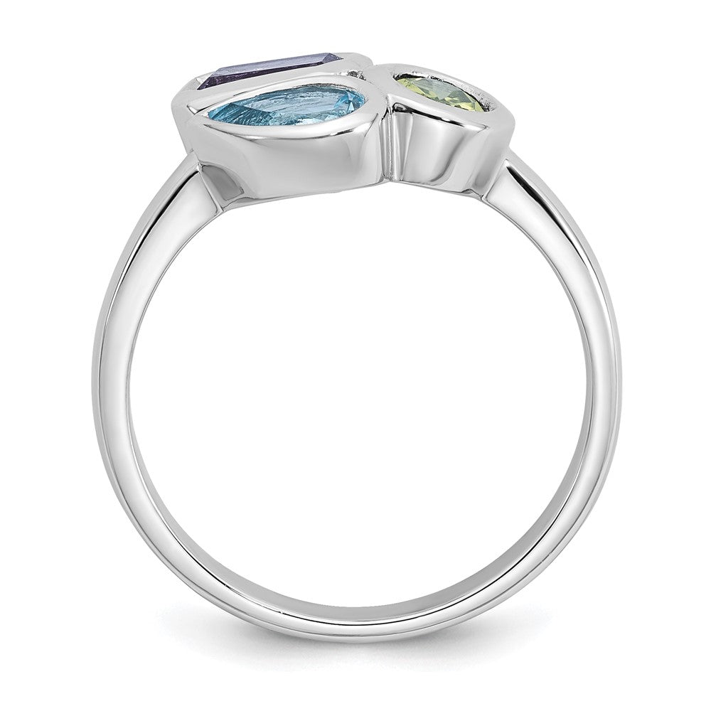 Sterling Silver Rhodium-plated Polished Pear Blue Topaz, Oval Peridot and Emerald-cut Amethyst Size 7 Ring