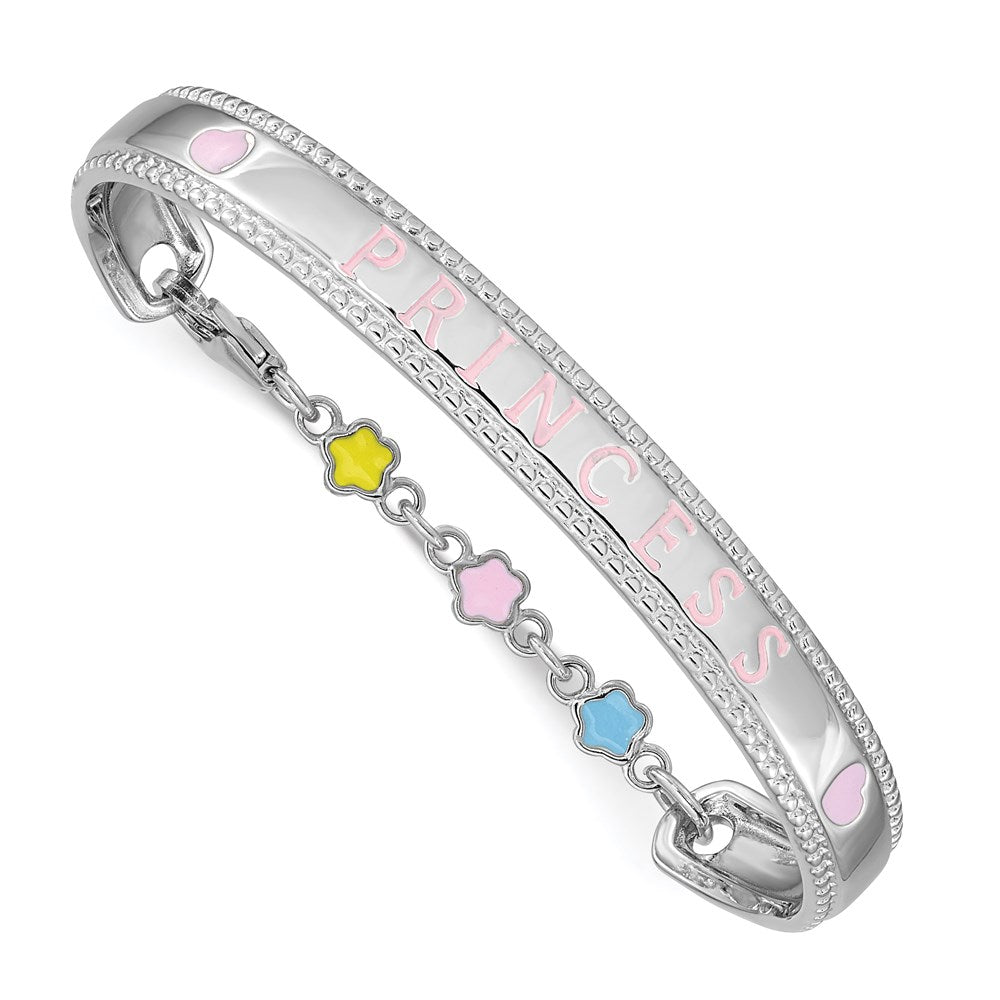 Sterling Silver Rhodium-plated Polished & Beaded Multi-color Enameled Flowers & Hearts PRINCESS with Chain Baby Bangle 4.9 inches