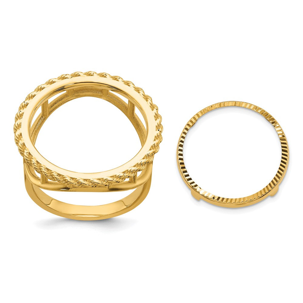 Wideband Distinguished Coin Jewelry 14k Ladies' Polished Textured and Diamond-cut Rope Edge 16.5mm Coin Bezel Ring