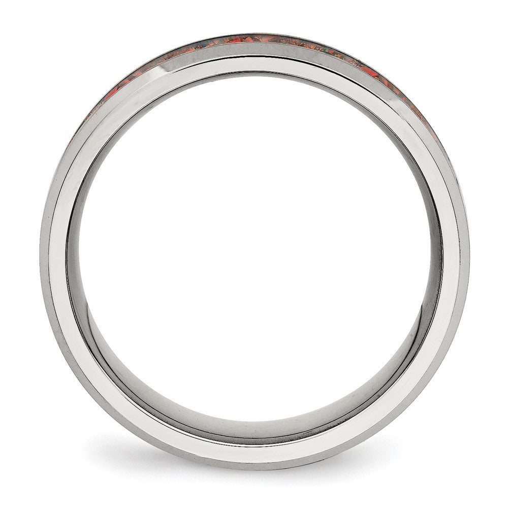 Stainless Steel Polished with Red Imitation Opal Inlay 8mm Band Size - 10.5