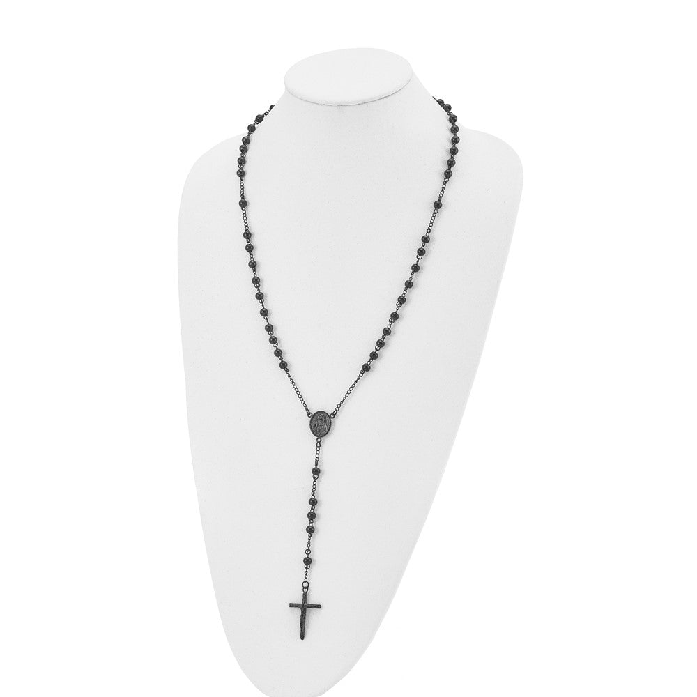Stainless Steel Polished Beaded Black IP-plated Rosary 30 inch Necklace