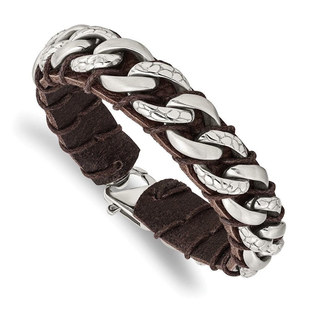 Stainless Steel Brushed Polished & Textured Brown Leather 8.5in Bracelet 8.5 inches