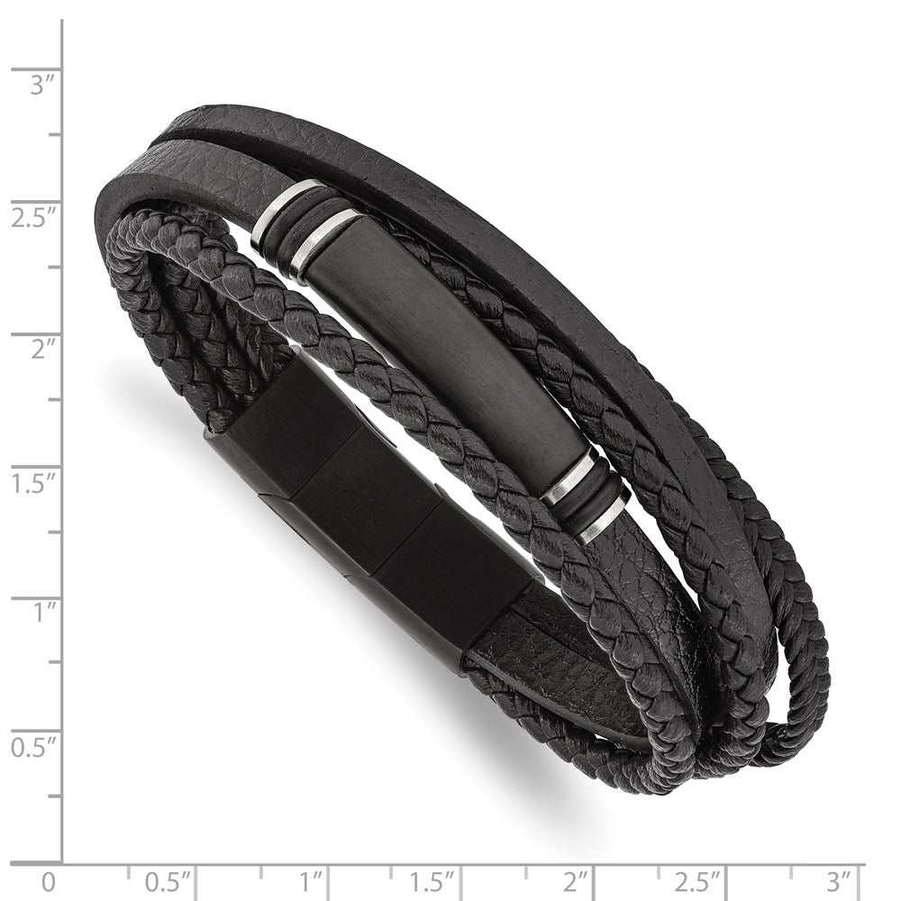 Stainless Steel Brushed Black IP PU Leather/Rubber 8in w/.5in ext Bracelet 8 inches