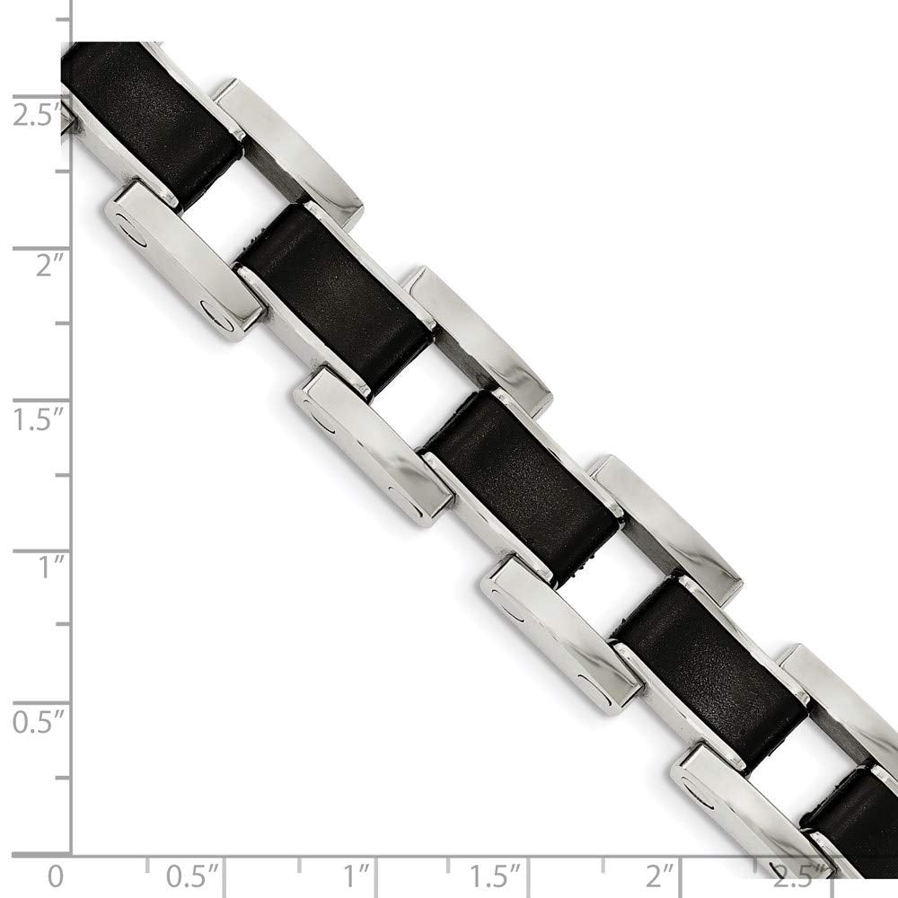 Stainless Steel Polished with Black Rubber 8.5in Bracelet 8.5 inches