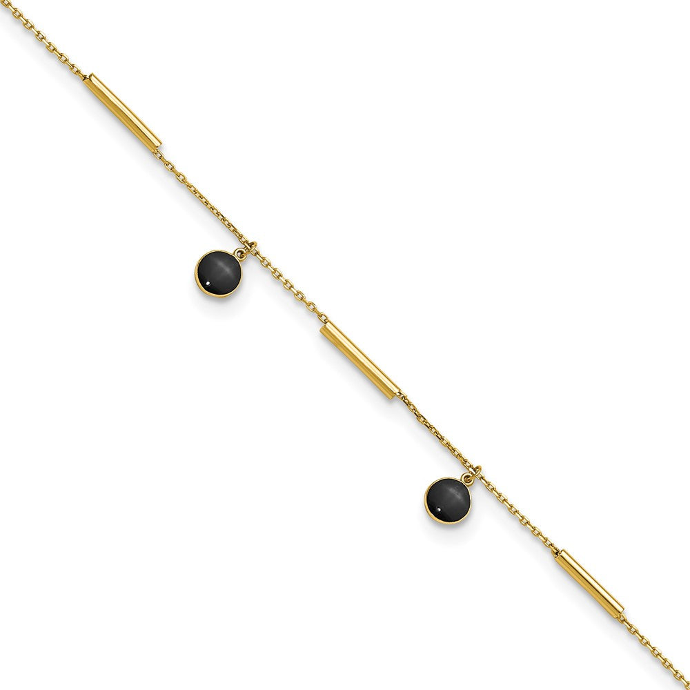 14K Polished Round Onyx Dangles and Bars 9 inch with 1 inch Extender Anklet