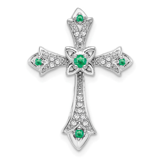 10K White Gold Emerald and Diamond Fleur de Lis Cross Chain Slide