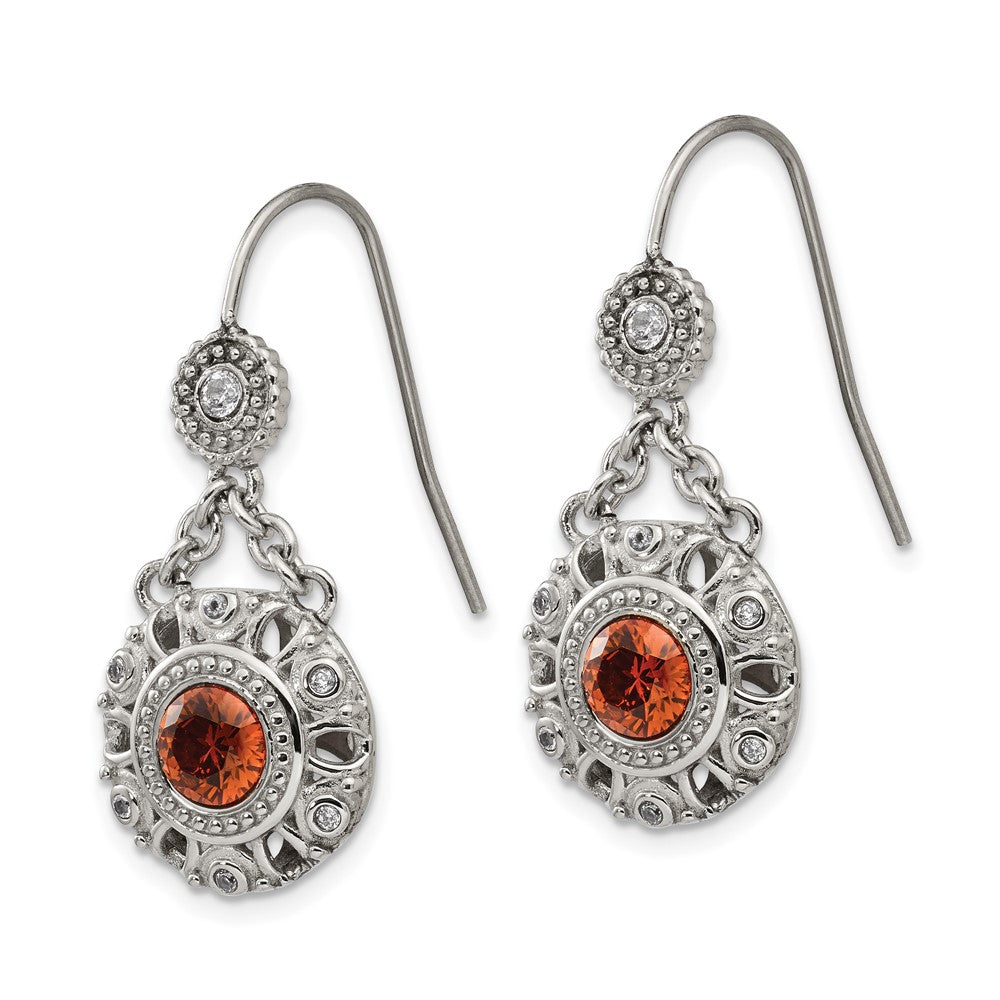 Stainless Steel Polished Red and Clear CZ Circle Dangle Earrings