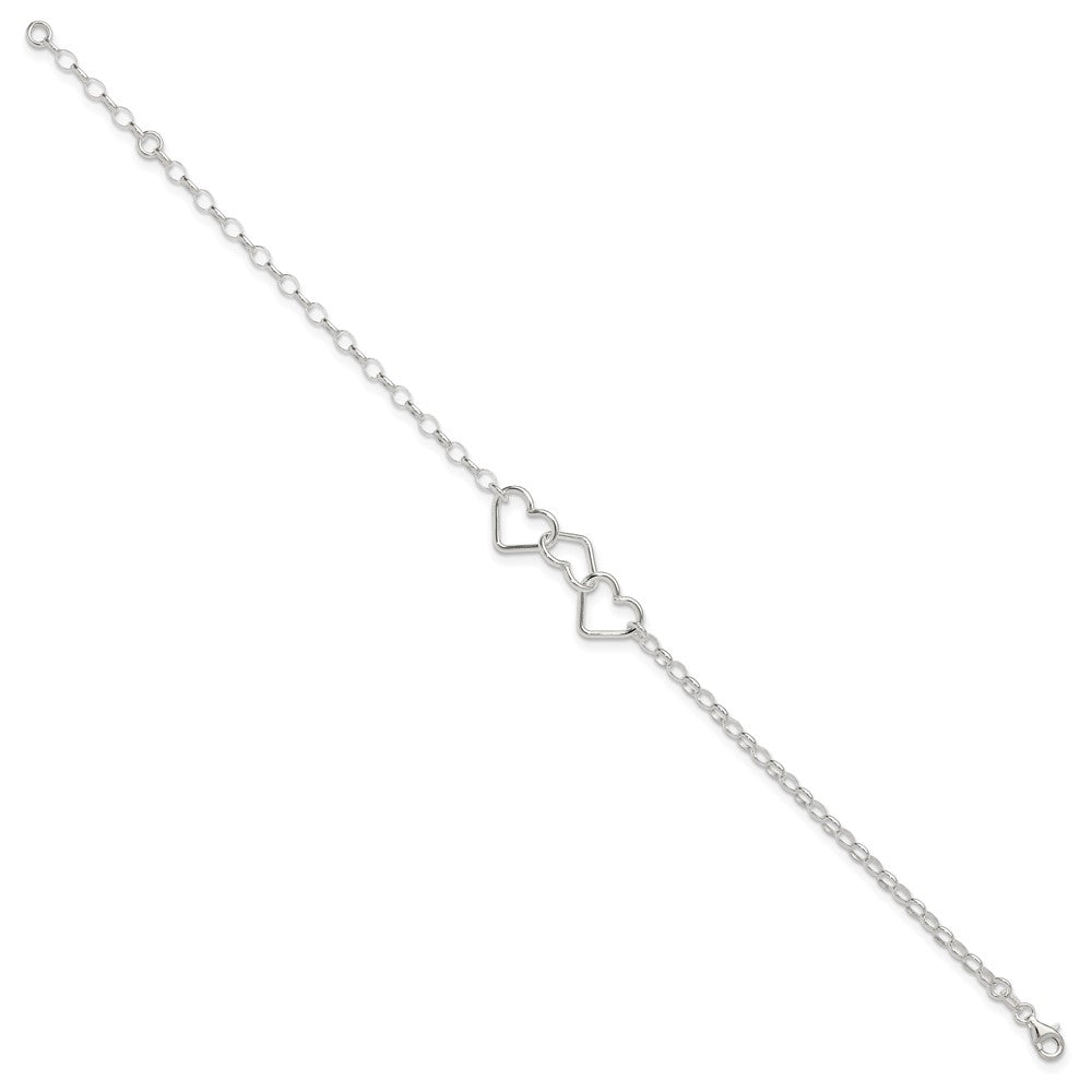 Sterling Silver 8 in Plus 1in Ext Interlocking Hearts Rolo Chain Anklet 9 inches