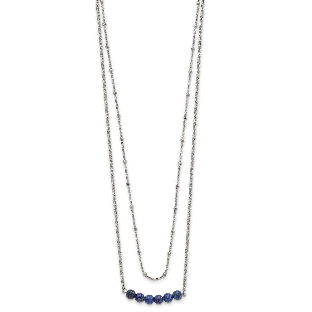 Stainless Steel Polished 2-Strand Lapis Beaded w/1in ext. 16.5in Necklace