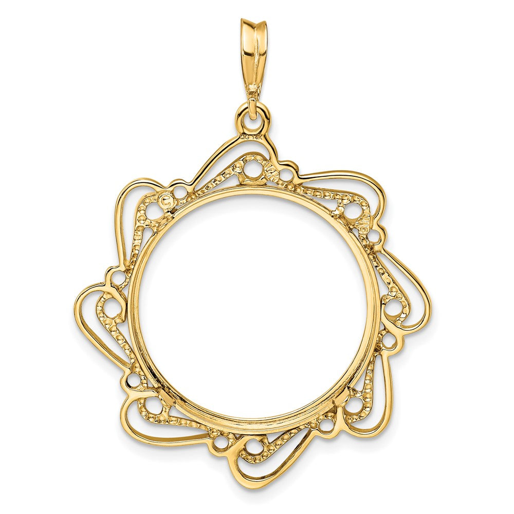 Wideband Distinguished Coin Jewelry 14k Polished Curved Scroll 21.6mm Prong Coin Bezel Pendant