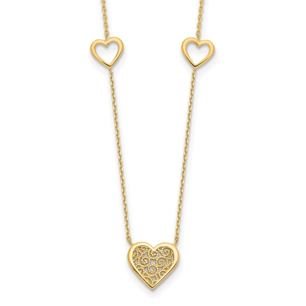 14k Gold Polished and Filigree Heart Stations with 1in. Extension Necklace