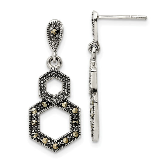 Sterling Silver Antiqued Marcasite Hexagon Post Dangle Earrings