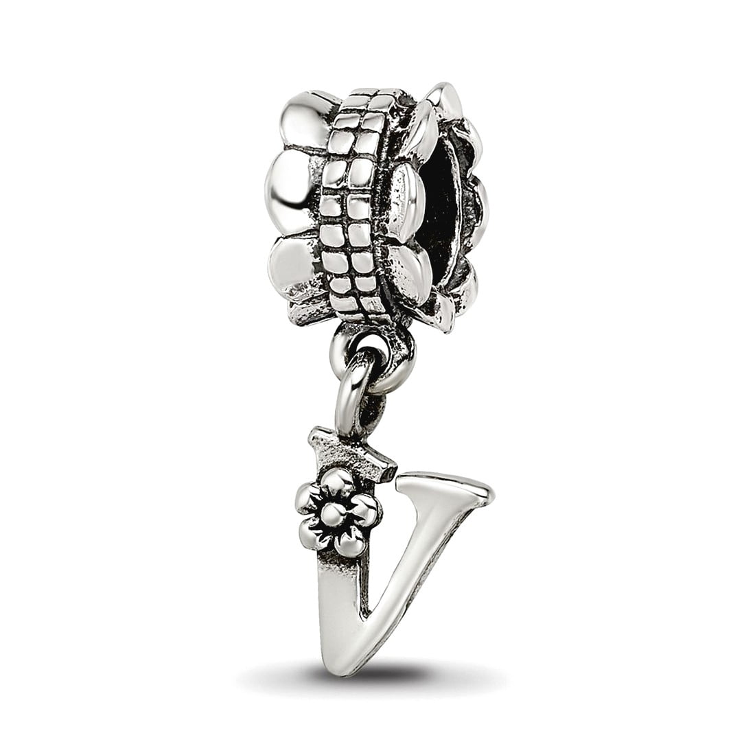925 Sterling Silver Polished Artisan Oxidized Reflections Letter Name Personalized Monogram Initial V Dangle Bead Charm