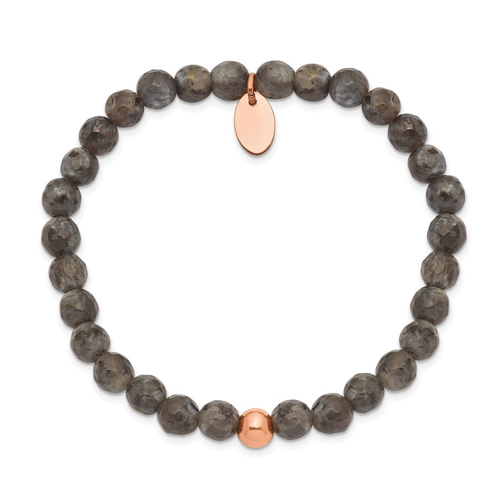 Stainless Steel Polished Rose IP-plated Spectrolite Beaded Stretch Bracelet 6 inches