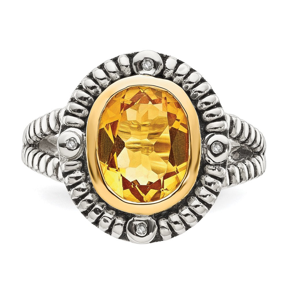 Shey Couture Sterling Silver with 14K Accent Antiqued Oval Bezel Citrine with Diamond Ring