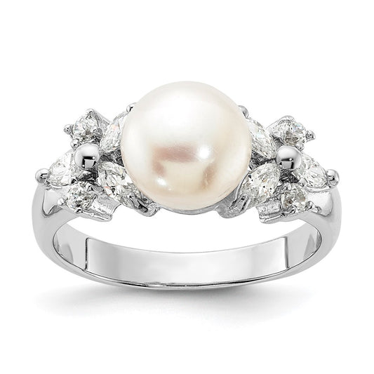 Sterling Silver Rhodium-plated White FW Cultured Pearl and CZ Ring