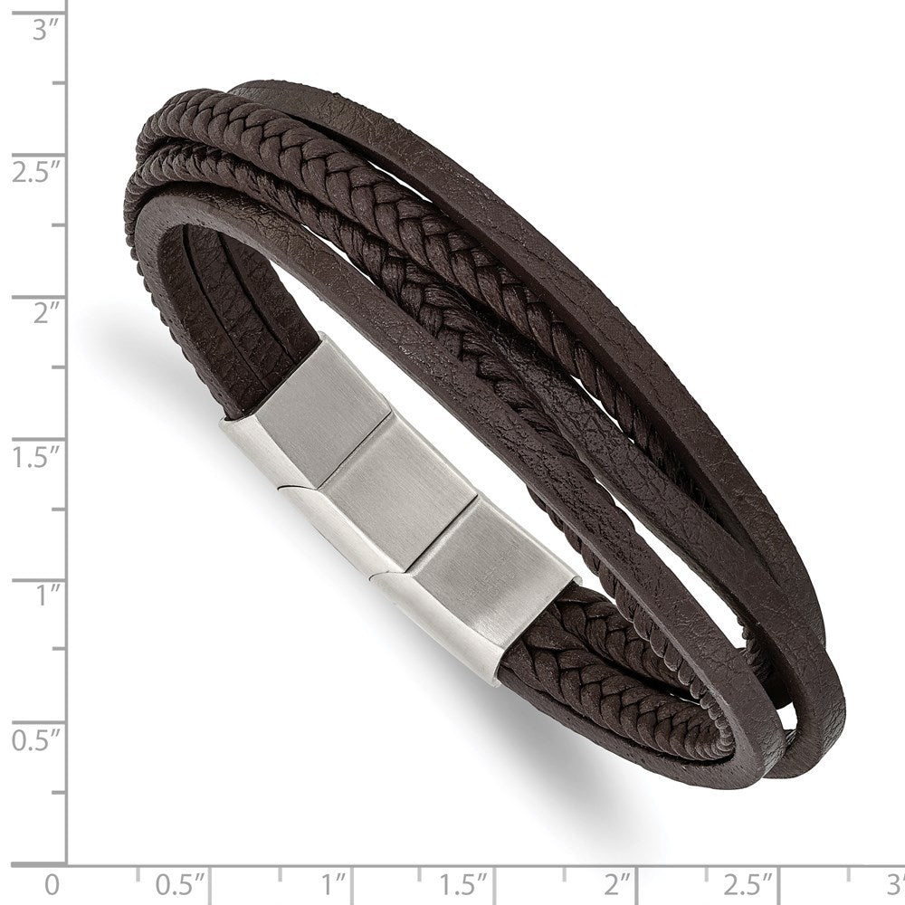 Stainless Steel Polished Brown PU Leather Multi Strand w/.5in ext Bracelet 8 inches