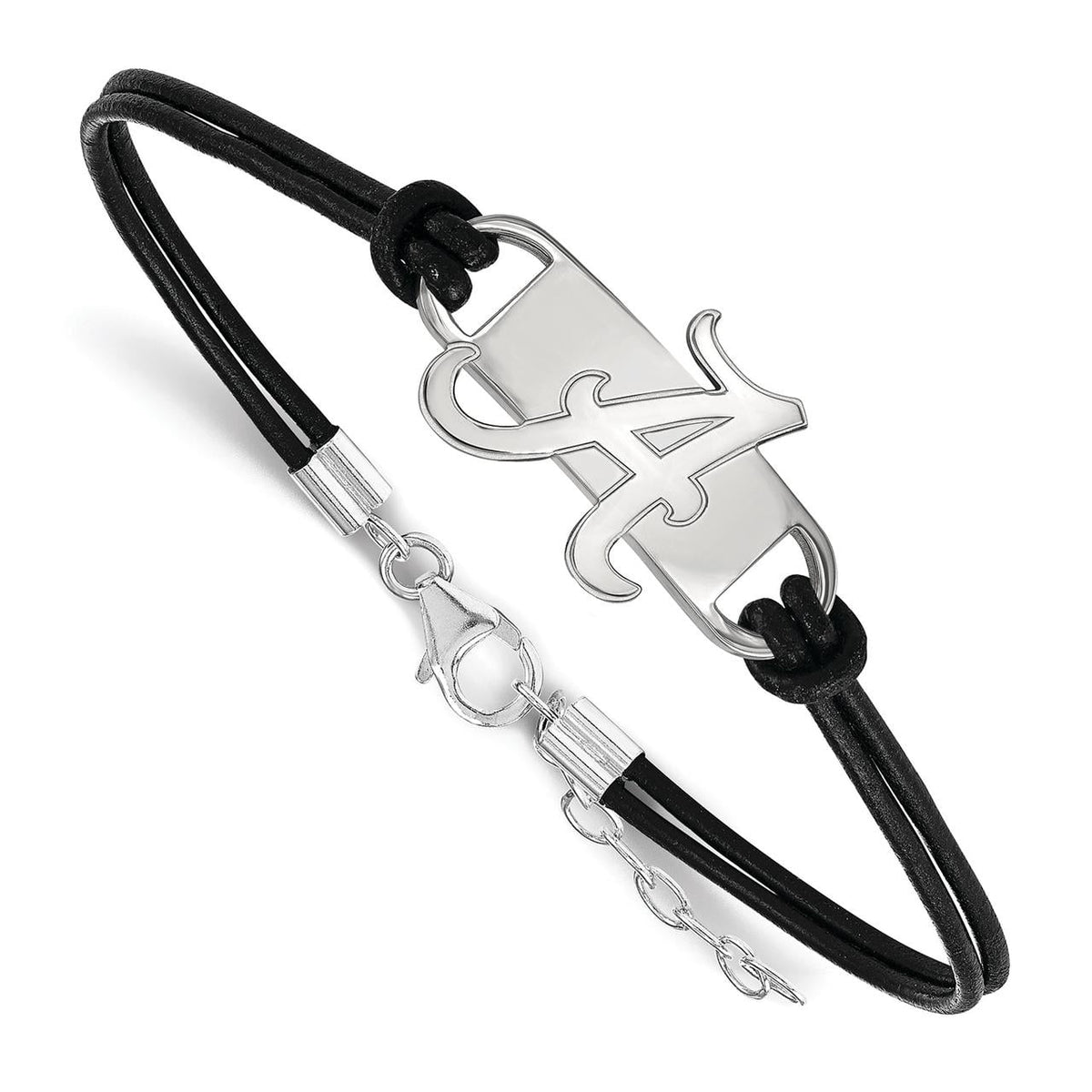 Sterling Silver Official Licensed Collegiate 7in University of Alabama (UA) Small Center Leather Bracelet