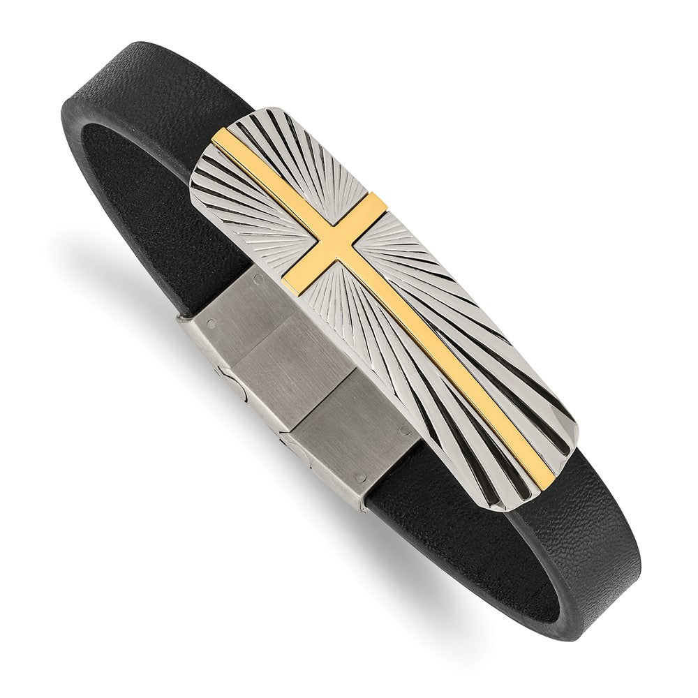 Stainless Steel Polished Yellow IP Cross Black Leather w/.5in ext Bracelet 8 inches