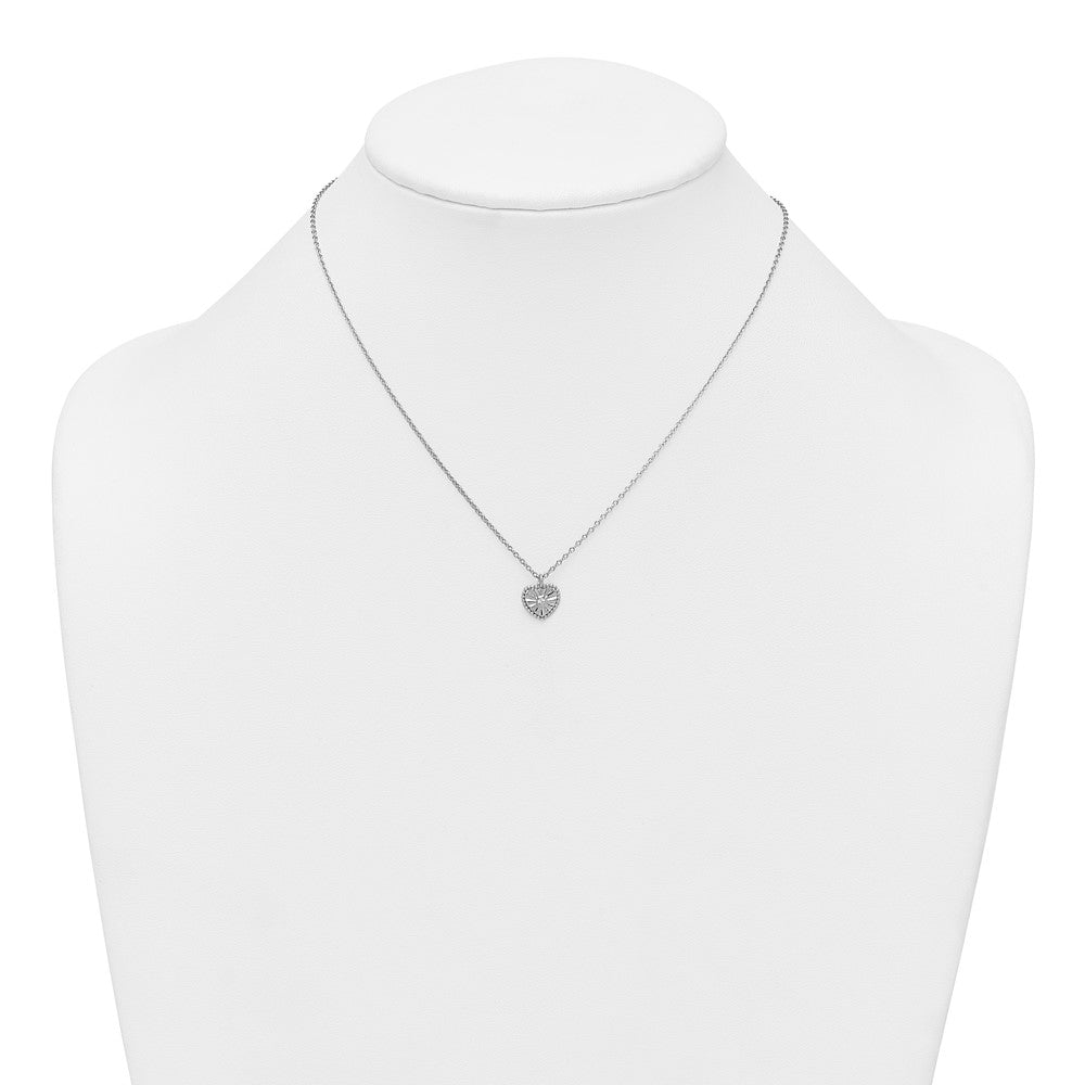 Sterling Silver Rhodium-plated Polished Beaded and Textured CZ Heart 16 Inch with 2 Inch Extension Necklace 16 Inches