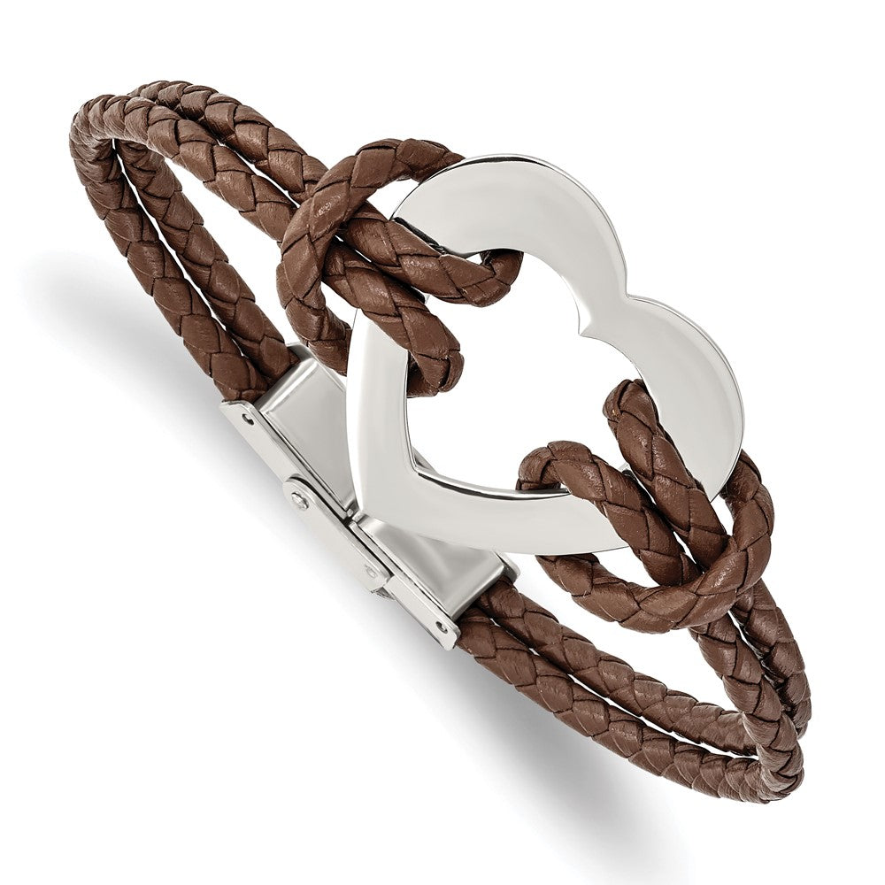 Stainless Steel Polished Heart Leather 7.5in Bracelet 7.25 inches