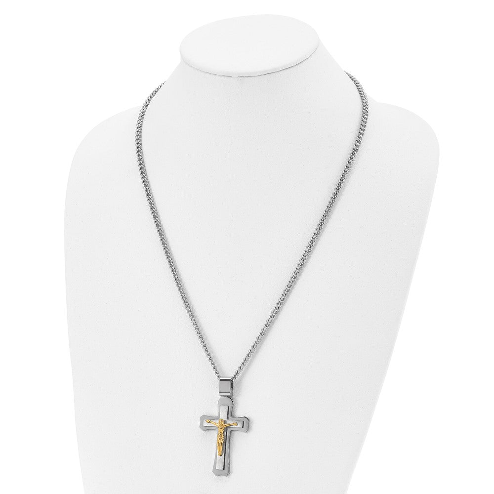Stainless Steel Brushed and Polished Yellow IP-plated Crucifix Necklace