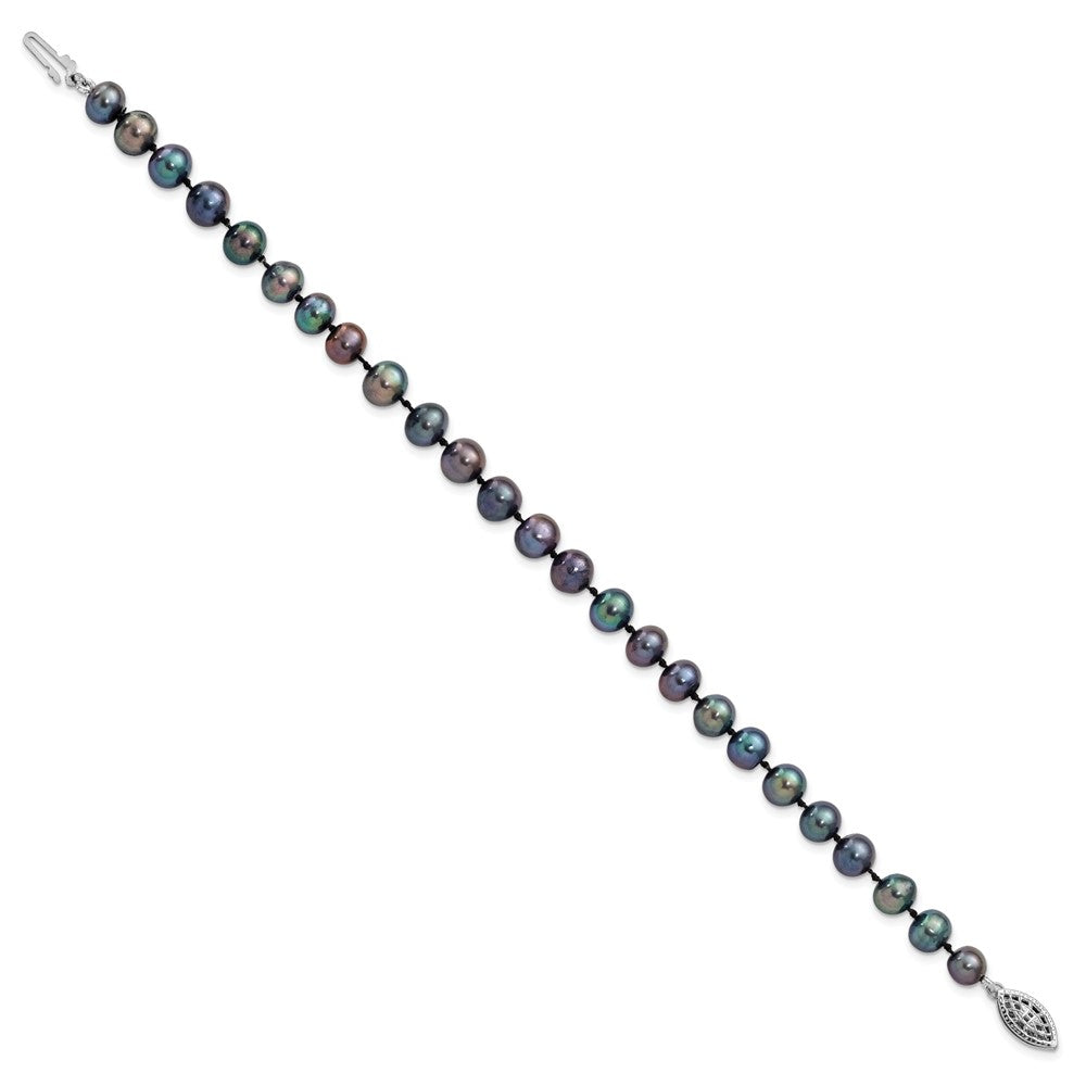 Sterling Silver Rhodium-plated 6-7mm Black Near-Round Freshwater Cultured Pearl 7.25 inch Bracelet 7.25 inches