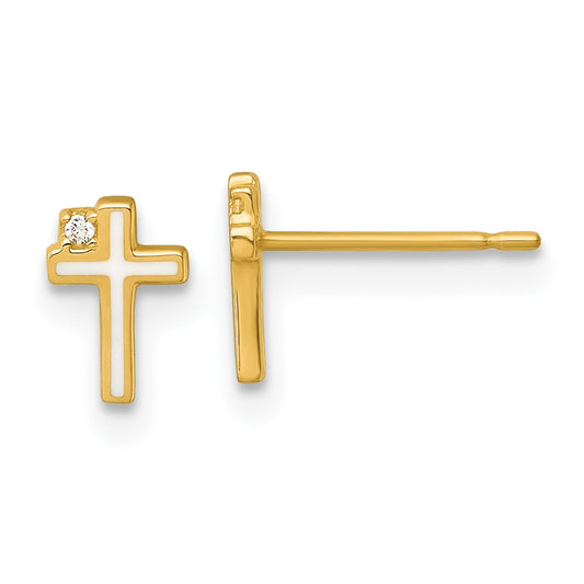 14K Madi K Polished White Enameled CZ Cross Children's Post Earrings