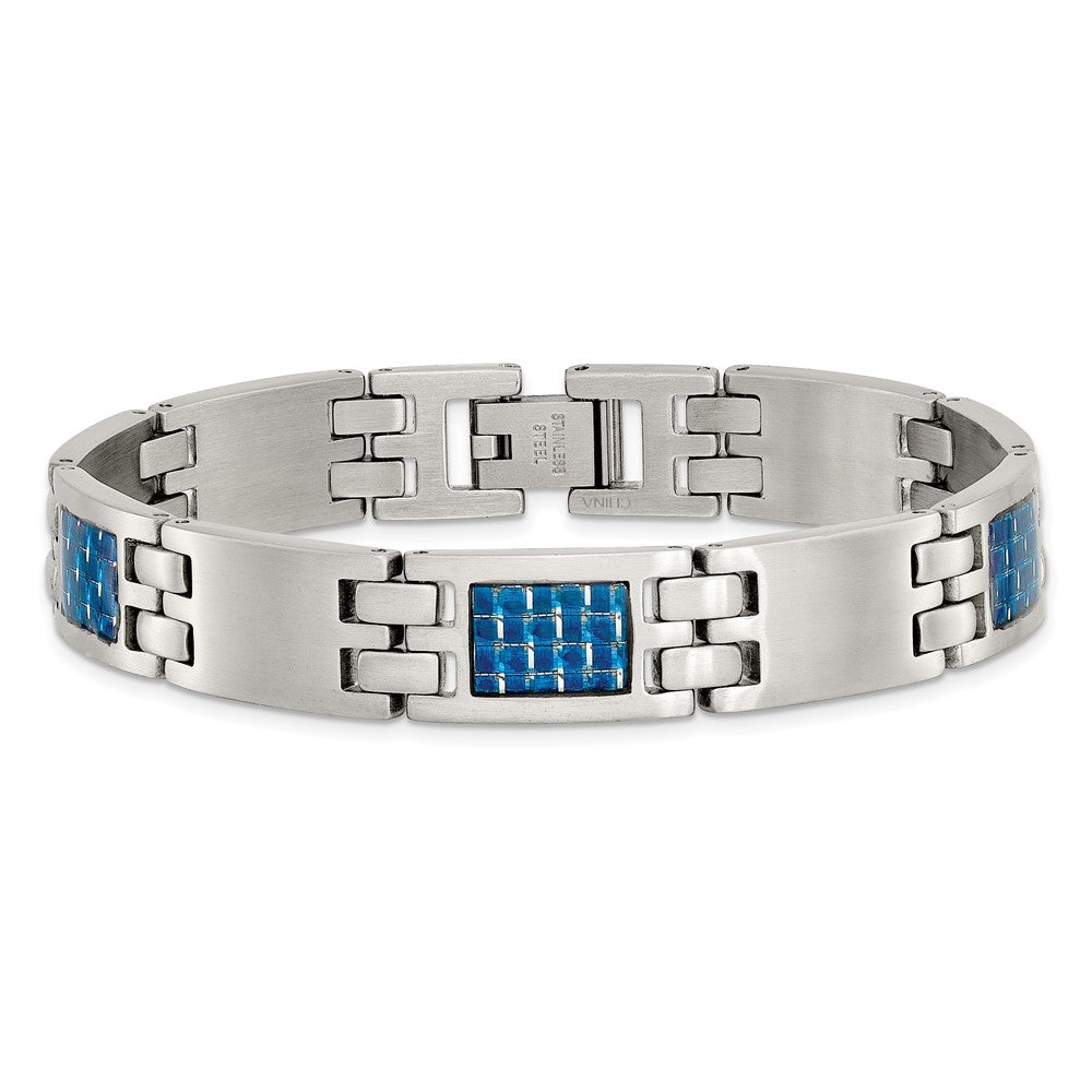 Stainless Steel Brushed with Blue Carbon Fiber Inlay 8.5in Bracelet 8.5 inches