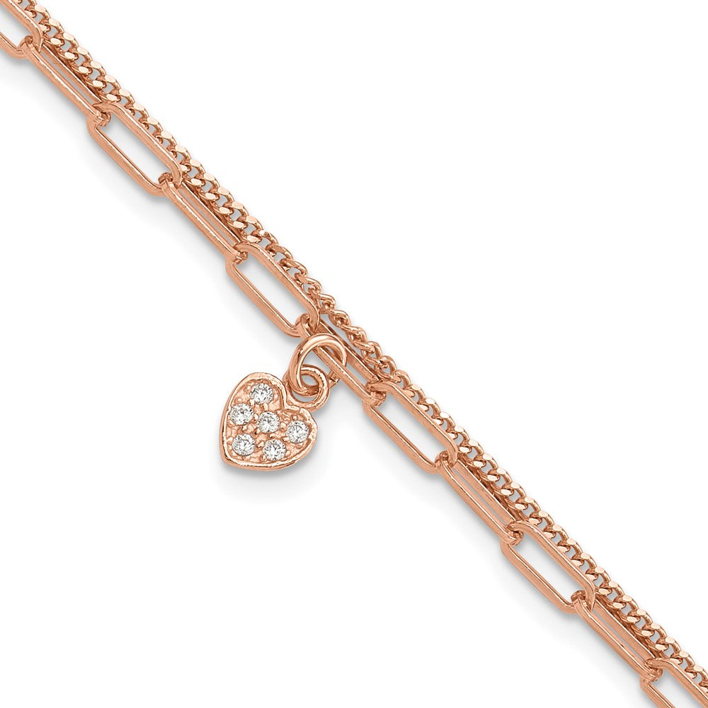 Sterling Silver Rose Gold-plated CZ Heart 6.75in w/1in ext. Bracelet 8 inches
