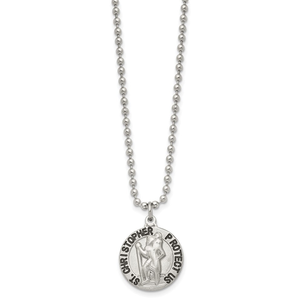 Stainless Steel Brushed and Enameled St. Christopher Medal 22in Necklace