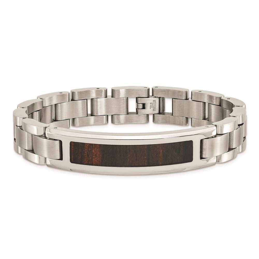 Stainless Steel Polished Enameled Black Koa Wood 8.5in Bracelet 8.5 inches