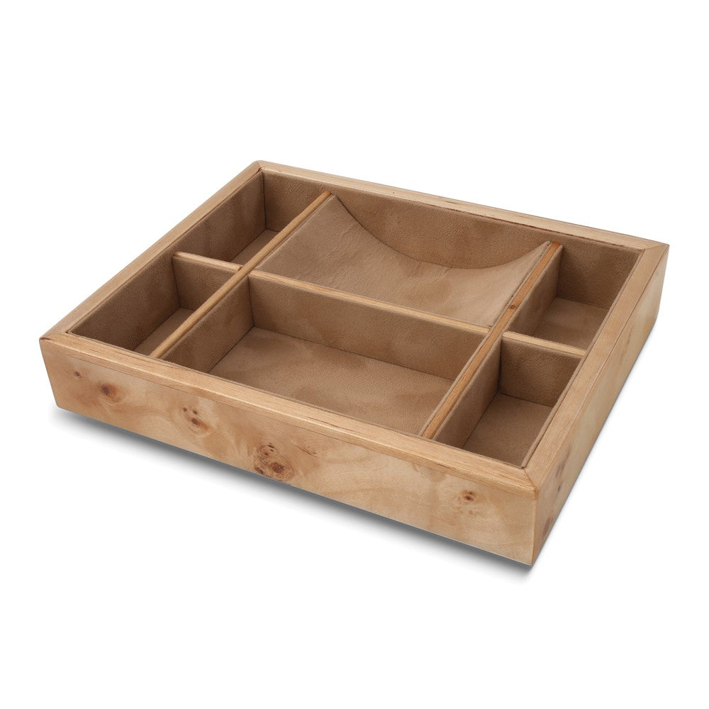 High Gloss Tan Burlwood Veneer Finish Felt Lined Wood Composite Valet Tray