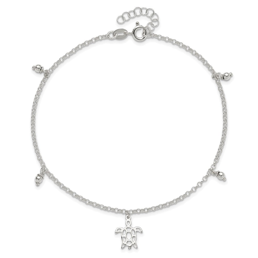 Sterling Silver Turtle Dangle Beads 9in Plus 1in Ext. Anklet 9 inches