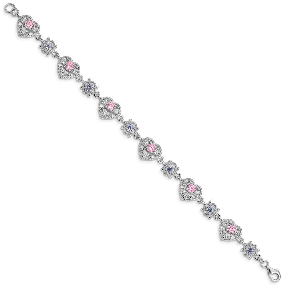 Sterling Silver Rhod-plated 7inch Pink and Clear CZ Heart Bracelet 7 inches