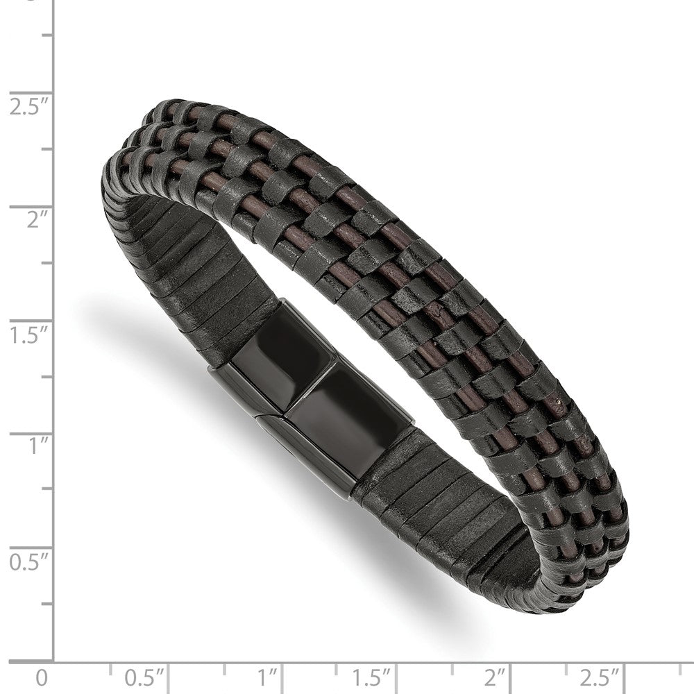 Stainless Steel Polished Black IP Black and Brown Leather 8.25in Bracelet 8.25 inches