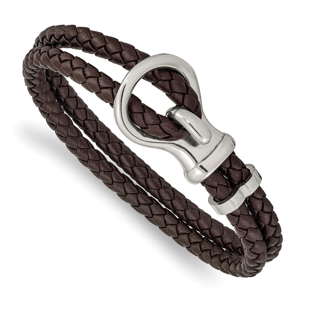 Stainless Steel Polished Braided Brown Leather 8in Bracelet 8 inches