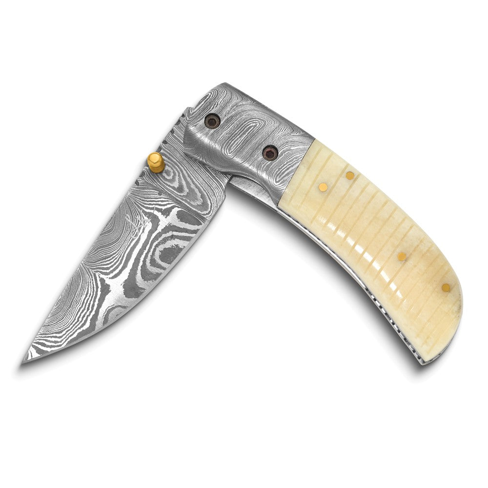 Luxury Giftware by Jere Damascus Steel 256 Layer Folding Blade Camel Bone Handle Knife with Leather Sheath and Wooden Gift Box