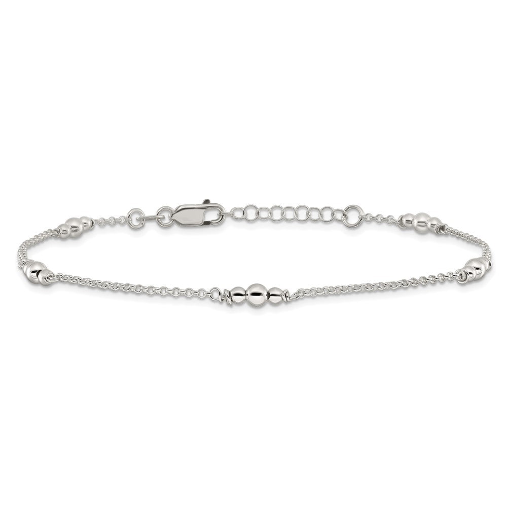 Sterling Silver Polished Bead 9in Plus 1in ext. Anklet 9 inches
